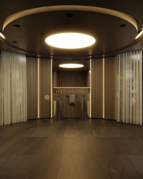 Render of the FLO·W Experience washbasin area with circular overhead lighting